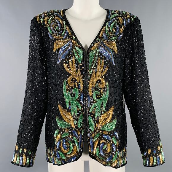 ZENITH FASHIONS Size M Black Multi Color Silk Sequined Jacket Blazer - Picture 1 of 8